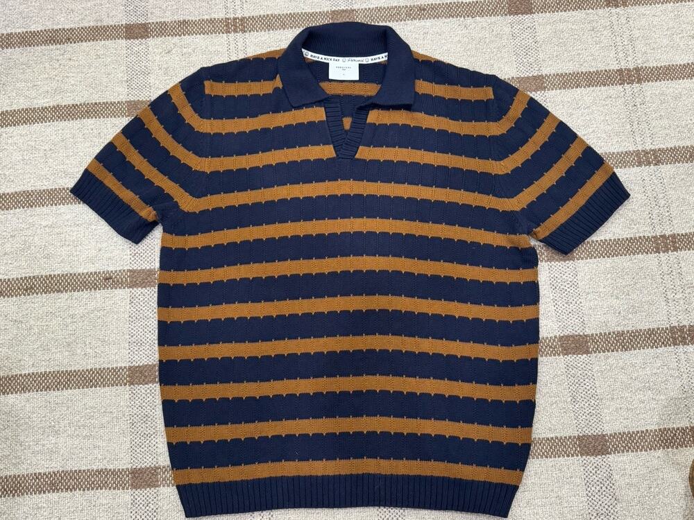 Percival Stine Knitted Polo Short Sleeve Sweater Shirt Men’s XL Navy Blue Tan